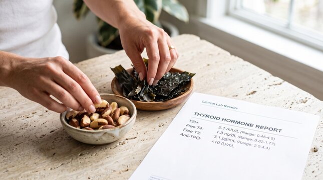 A person is selecting nuts from a bowl next to seaweed and a thyroid hormone report on a marble countertop by a window.