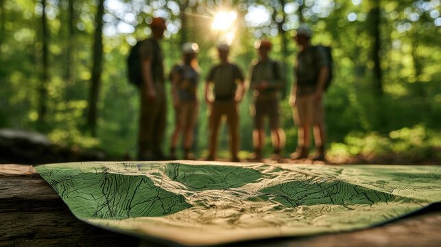 A group of hikers stands in a sunlit forest, focusing on a detailed map laid out on a log in the foreground.