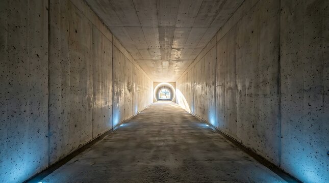 Concrete tunnel with bright light at the end and blue uplighting
