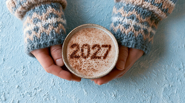 Overhead view of woman in sweater holding mug with 2027 latte art with copy space, cozy new year concept of cafe brands and holiday promotions.