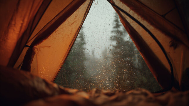 View from inside cozy tent during heavy rain in deep woods