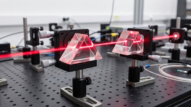 A laboratory setup with laser beams passing through glass prisms on an optical table for light refraction and physics experiments.