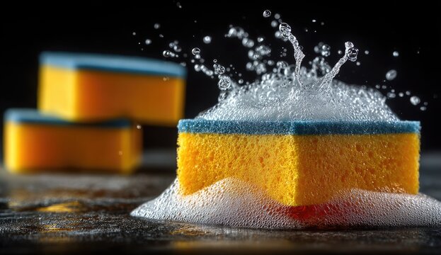 Yellow & blue sponge with soapy water splash