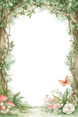 Obraz premium Enchanted woodland border with thick twisting tree trunk and vine, lush green foliage frame with fairy flower garden and butterfly wonderland fantasy art illustration