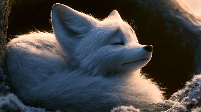 Cozy white arctic fox sleeping peacefully inside a warm wooden den 3d render