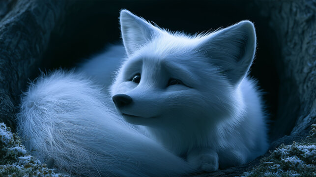 Cute white fox curling up in a cozy dark blue den looking gently 3d animation style