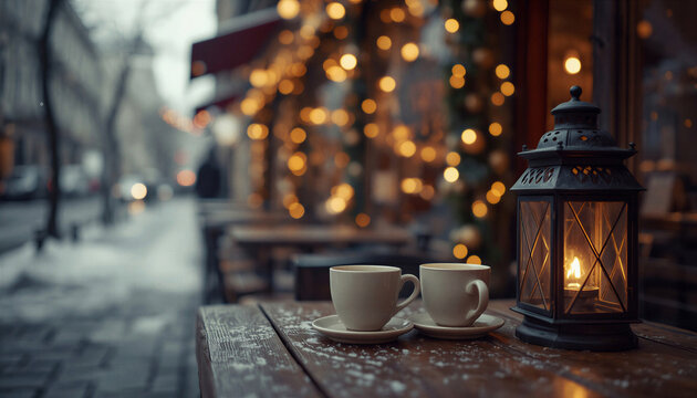 Generative AI Two ceramic coffee cups on a rustic wooden table outside a cozy European caf&eacute; during a winter evening