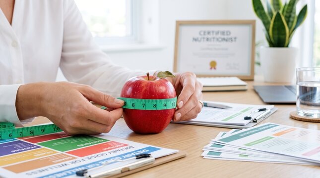 A person measures the circumference of a red apple with a green tape measure, surrounded by nutrition charts and a certified nutritionist diploma.