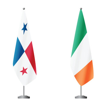 Panama and Ireland flags on flagpoles for official ceremonies and meetings, transparent background vector