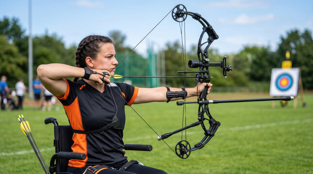 Woman in a wheelchair aiming a compound bow at a distant archery target on a grassy field during daytime.