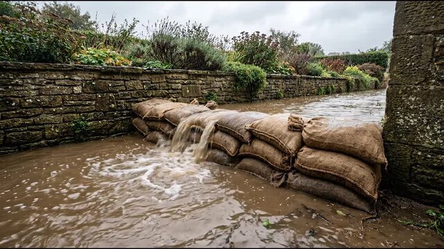 A thick pile of heavy sandbags blocking brown flood water from breaching a low brick garden wall
