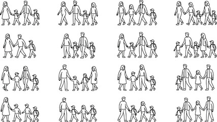 Fototapeta premium Happy Family Vector Line Art Icon Set featuring Parents Walking and Holding Hands with Children for Lifestyle Media Designs
