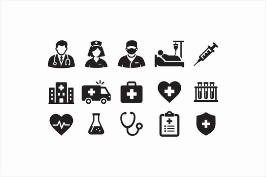 Medical and healthcare icon set in solid black style. Vector illustration for hospital, doctor, emergency, and pharmacy UI design.