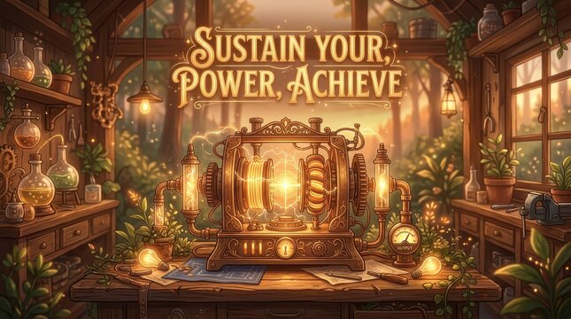 Steampunk laboratory with glowing invention, vials, and the inspirational phrase 'Sustain Your Power, Achieve'