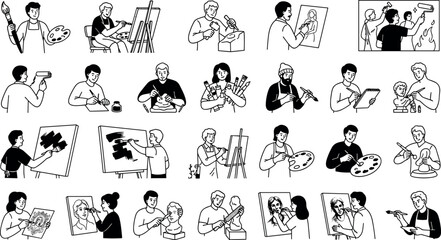 Fototapeta premium Artist and Painter Vector Line Art Icon Set featuring Creative People Drawing Painting Sculpting and Creating Fine Art in Studio Workshops
