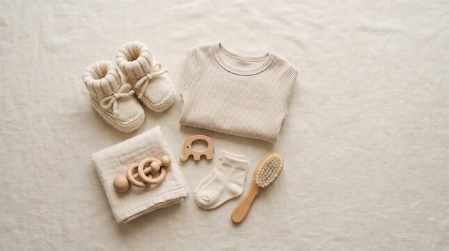 Flat lay composition of neutral toned baby clothes and wooden toys on a linen background
