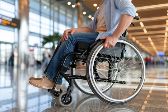 Man sits in wheelchair within spacious airport terminal. Shoes, jeans, and open shirt suggest casual attire. Shoes rest on polished floor reflecting ambient light. Man grips wheel with calm