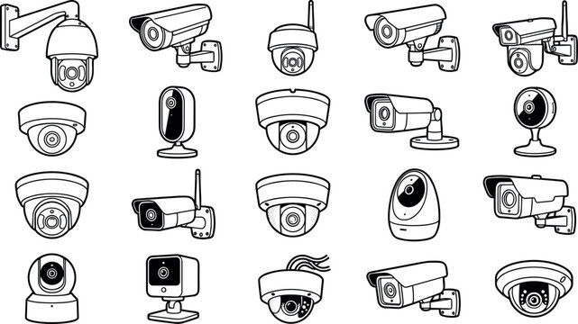 CCTV Security Camera Line Vector Icon Set with Dome Bullet Wireless IP Cameras and Smart Surveillance Devices for Safety System Designs