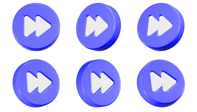 Set of 3D fast forward playback icons on blue circular buttons