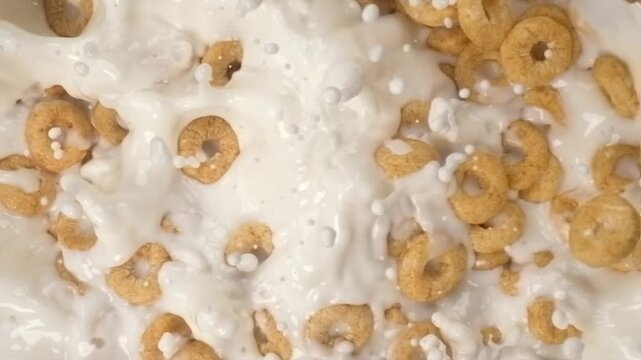 Corn rings falling into milk with splash in super slow motion top view