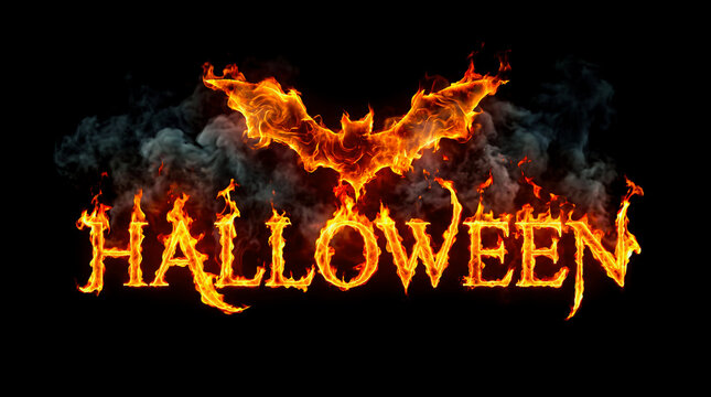 Fiery halloween word with a flaming bat silhouette set against a dark background, creating a spooky and dramatic holiday theme