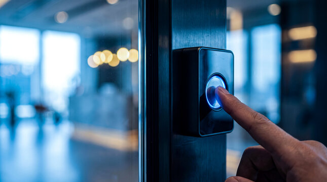 Closeup of a persons hand pressing a blue illuminated access control button on a modern glass door in an office building