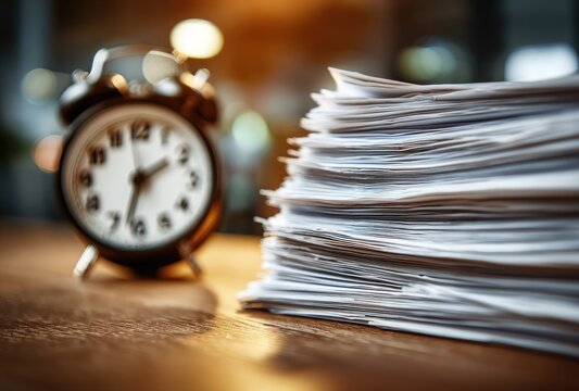 A stack of papers beside a clock.  Work papers. Time constraints