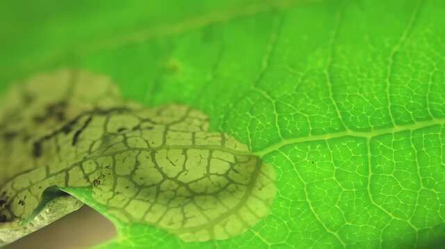 Extreme close-up of a green leaf's intricate vein structure and texture