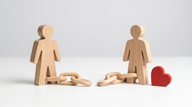 Two wooden figures are connected by broken chains with a red heart beside one figure, symbolizing broken bonds or relationships.