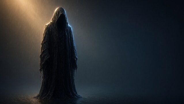 Grim reaper hooded figure in dark background with rain for halloween season event