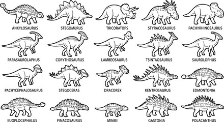 Herbivorous Dinosaur Vector Line Art Icon Set featuring Ankylosaurus Stegosaurus Triceratops and Other Prehistoric Reptiles for Jurassic Education Designs © amzad