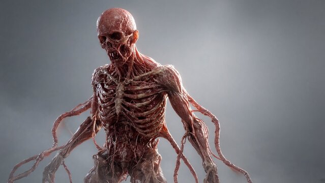 <a1>Skinless zombie monster creature with muscle anatomy and tentacles in fog for halloween season event</a1>

