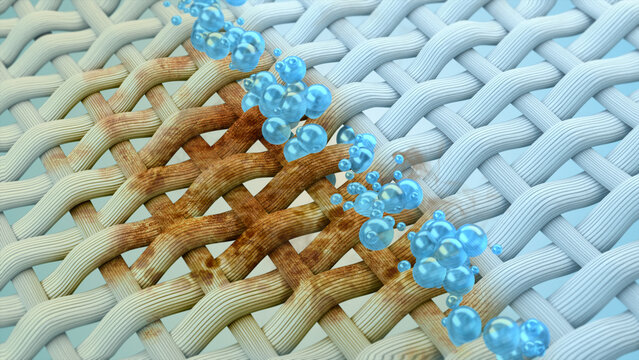 Water and detergent bubbles remove stubborn stains on fabric fibers, 3D rendering