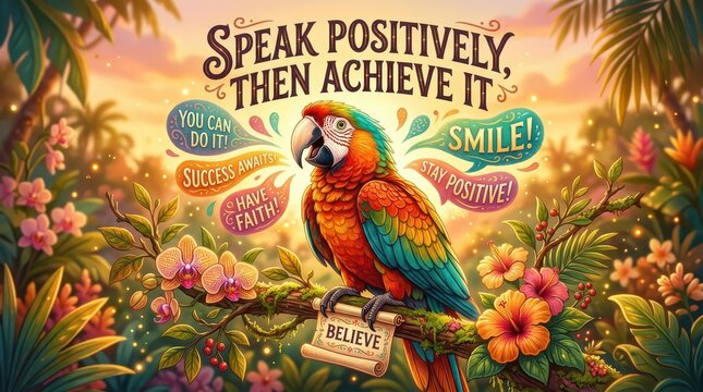 Vibrant parrot in lush jungle setting delivering positive affirmations and motivational quotes