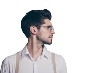 Obraz premium Close-up profile side view portrait of his he nice attractive imposing experienced content brunette guy looking aside isolated over grey violet purple pastel color background