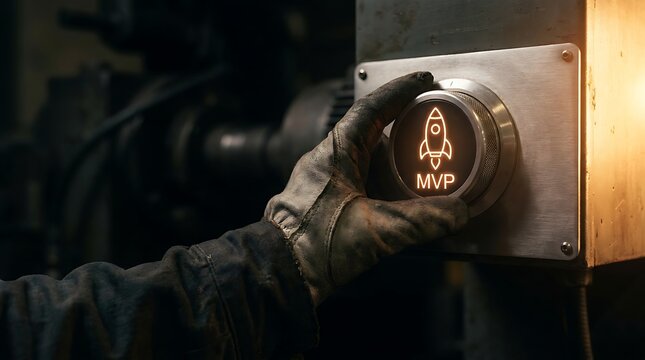 A worker in a dirty glove turning a glowing industrial dial labeled with a rocket