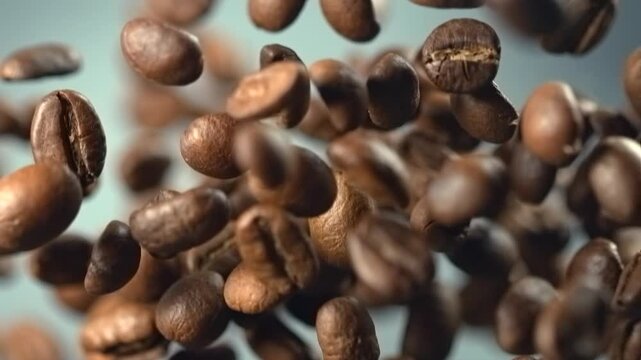 Coffee beans falling through the air in slow motion