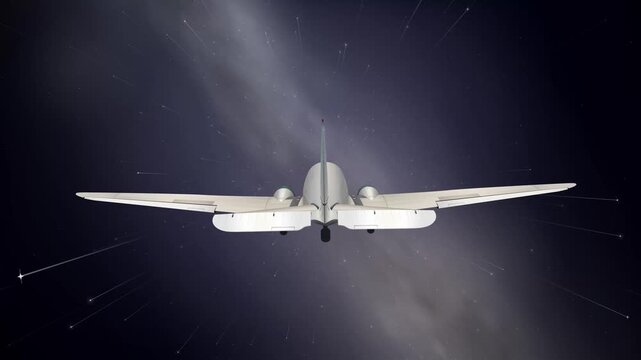 Vintage Propeller Plane Flying Through Starry Night Sky Animation