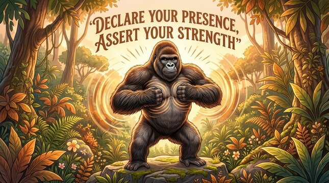 Powerful gorilla beating its chest in a lush jungle, embodying strength, dominance, and assertiveness with inspirational quote