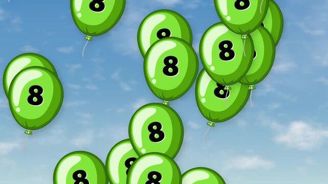 Green Number Eight Balloons Floating Upward Against Blue Sky