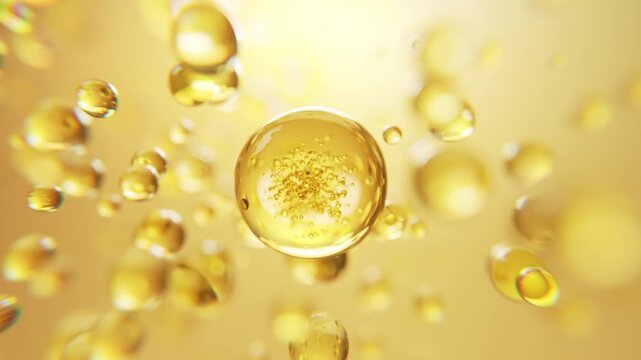 Abstract golden collagen molecules and droplets representing skincare, skin hydration, elasticity, anti-aging, beauty science, rejuvenation and cosmetic innovation.