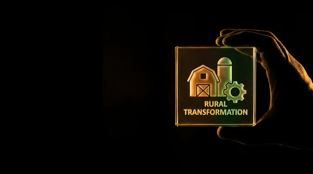 A hand holding a glowing glass square with a farm icon with square