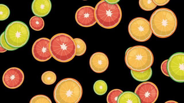 Falling Mixed Citrus Fruit Slices Animation on Black Background