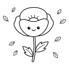 Obraz premium Cute hand drawn flower vector image featuring a happy smiling character with falling petals for coloring books