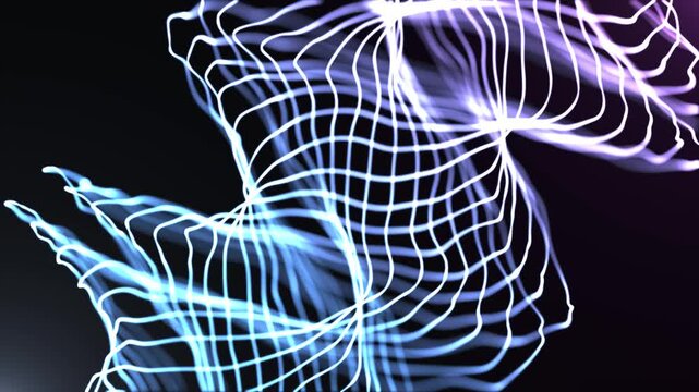 Abstract glowing wireframe waves twist and flow through dark space, creating a futuristic digital mesh background with motion and depth.