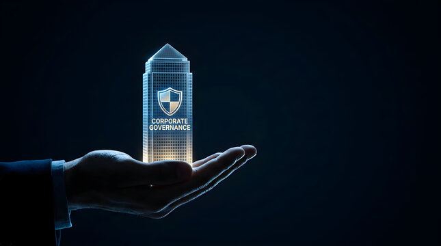 A hand holding a holographic building model representing corporate governance against a dark blue background