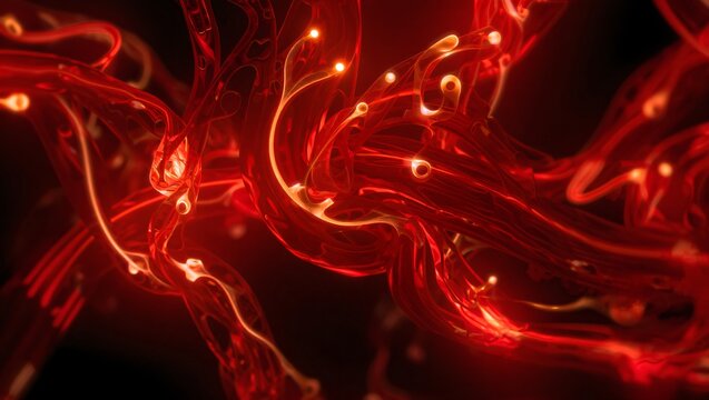 Abstract 3d render of glowing red fiber optic cables or biological neural network pathways