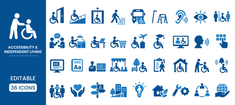 Set of 36 accessibility and independent living icons representing disability support, inclusive design, and assistive technology for people with special needs