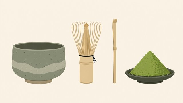 Japanese matcha tea ceremony set illustration, bamboo whisk and ceramic bowl with green powder, minimalist flat design on beige background