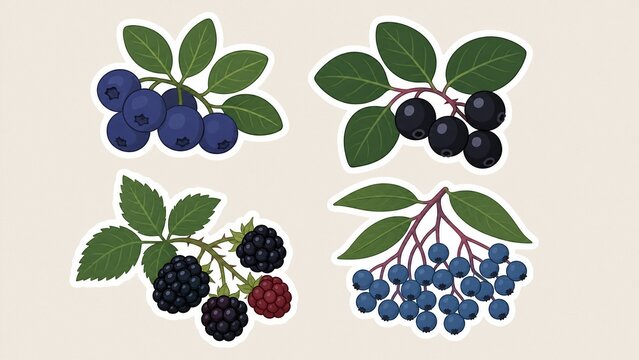 Wild berry sticker set illustration, blueberry and blackberry branches with green leaves, flat vector design on beige background, organic fruit collection